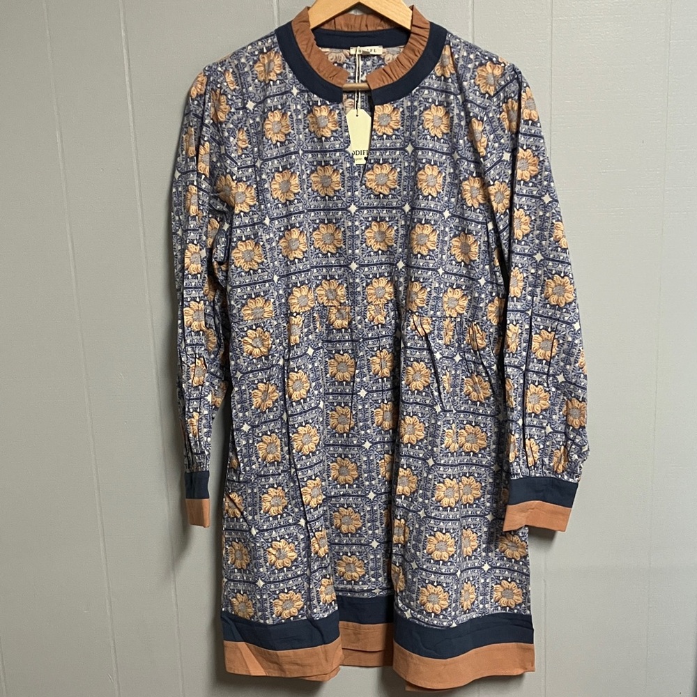 NWT JODIFL Blue and Tan Floral Dress Large V Neck New With Tags